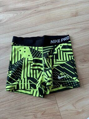Nike Pro Neon Green & Black Geometric Compression Shorts | Size Medium